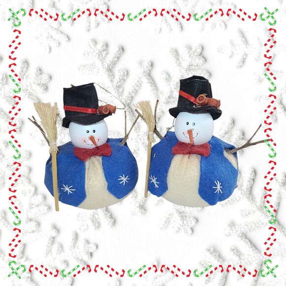 Set 2 White 4.5" Plush Snowman with Broom Wearing Blue Vest Ornament Figurines - Picture 1 of 9